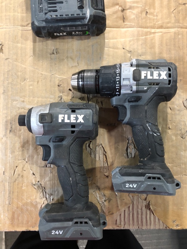 Photo 4 of **PARTS ONLY- BATTERIES DO NOT FULLY WORK-HEAVILY USED**
 Flex Tool 24-Volt Brushless Power Tool Combo Kit