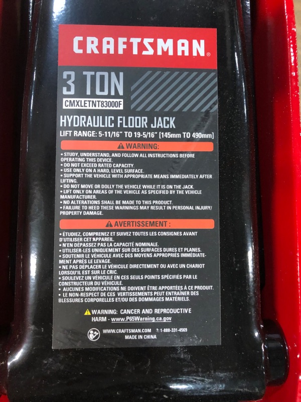 Photo 4 of **FOR PARTS ONLY**
CRAFTSMAN Black 3-Ton Steel Hydraulic Floor Jack
