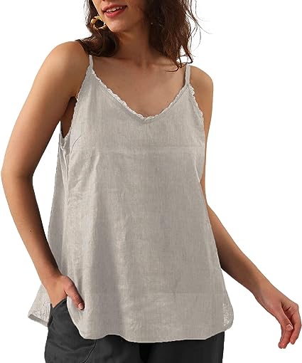 Photo 1 of Amazhiyu Womens Pure Linen Summer Sleeveless V Neck Camisole Tops with Tassels