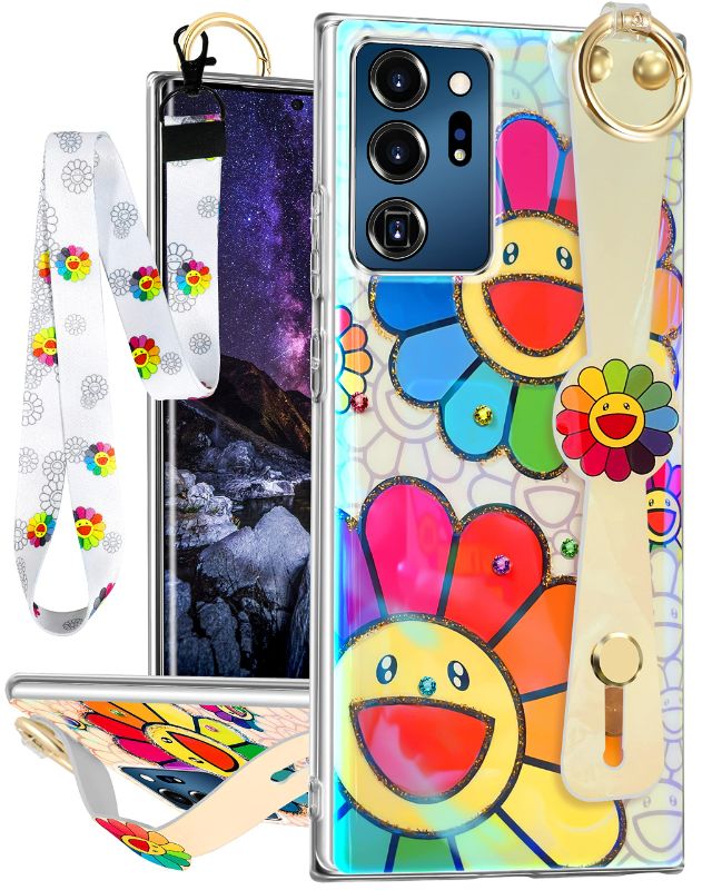 Photo 1 of Trendy Fun Flowers for Samsung Galaxy Note 20 Ultra Case with Wrist Strap for Girls Women Girly Flower Floral Wristband Lanyard Funny Aesthetic Phone Cases Cover for Samsung Galaxy Note 20 Ultra Seven Flowers