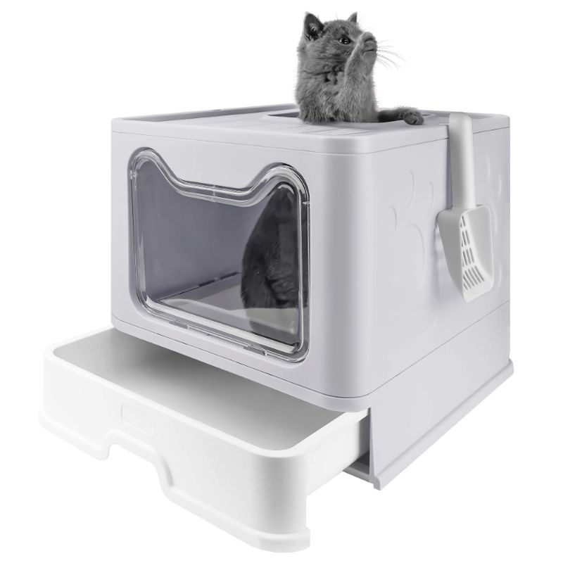 Photo 1 of **item damaged**
Foldable Cat Litter Box with Lid, Extra Large Litter Box with Cat Litter Scoop, Drawer Type Cat Litter Pan Easy to Scoop