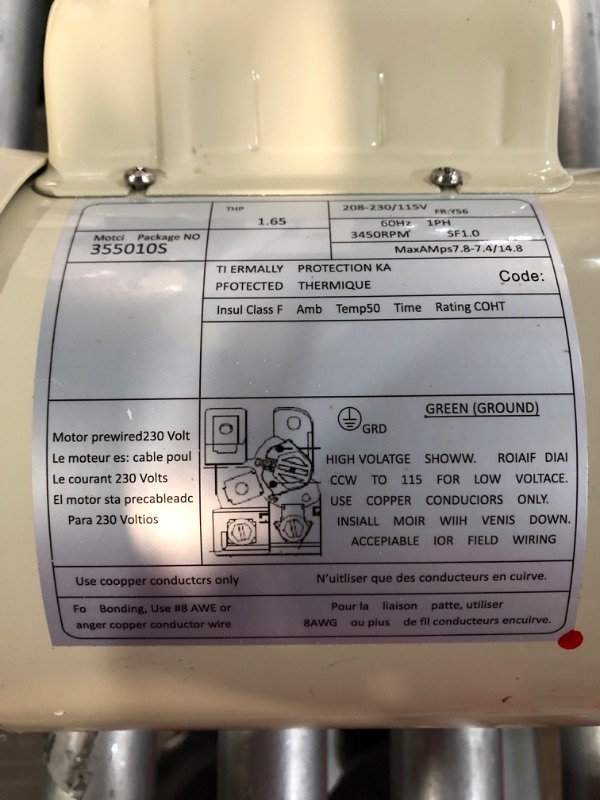 Photo 4 of **DAMAGED**
Deecaray 355010S Replacement Motor, 1 Horsepower, 115/208-230 Volts, 1 Speed, Energy Efficient, Full, Compatible SHAFT IS HARD TO TURN. With WhisperFlo WFE-4 and WFE-26 and SuperFlo SF-N1-1-1/2-AE