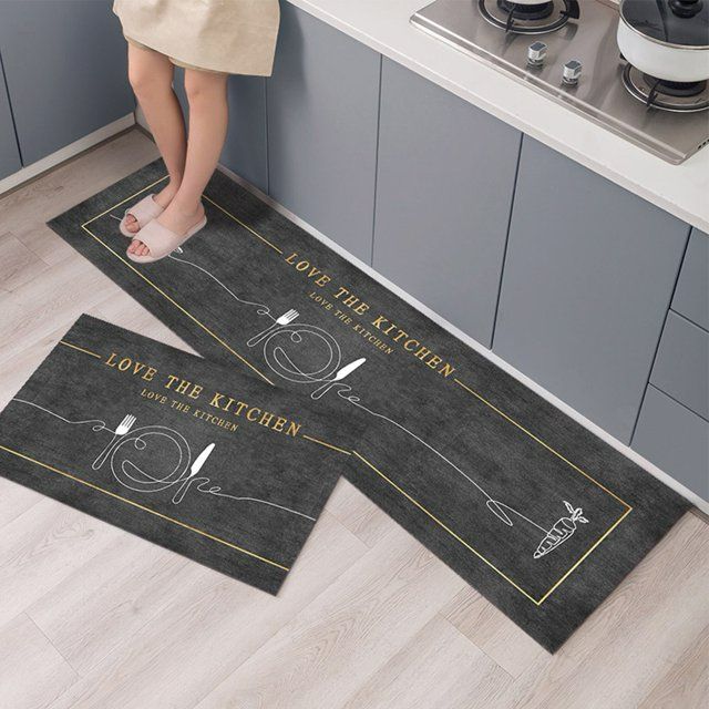 Photo 1 of * item used * item damaged from tape * 
Kitchen Floor Mats "Love the Kitchen" Modern Pattern Gray