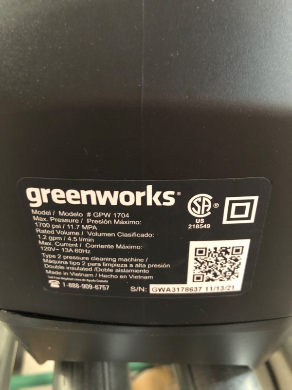 Photo 3 of PARTS ONLY - Green Works 1700PSI Portable Electric Pressure Washer GPW1704, New in Box
