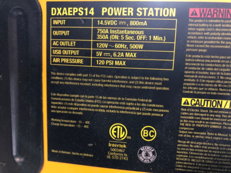 Photo 3 of DEWALT DXAEPS14 1600 Peak Battery Amp 12V Automotive Jump Starter/Power Station with 500 Watt AC Power Inverter, 120 PSI Digital Compressor, and USB Power , Yellow