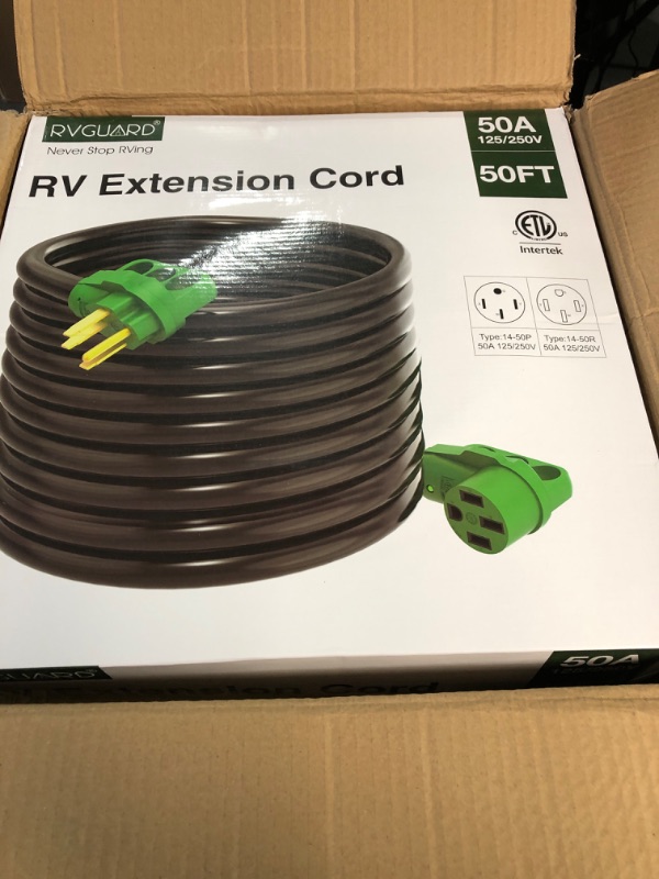 Photo 2 of RVGUARD 50 Amp 50 Foot RV Extension Cord, Heavy Duty STW Cord with LED Power Indicator and Cord Organizer, 14-50P/R Standard Plug, Green, ETL Listed 50 Feet Green 50 Amp