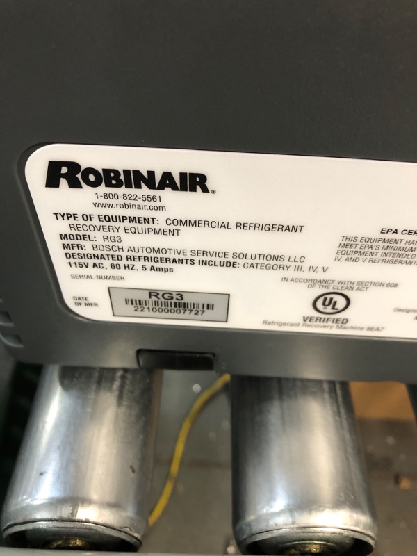 Photo 3 of Robinair (RG3 Portable Refrigerant Recovery Machine – 115V, 60Hz, for Both Liquid and Vapor Refrigerant, White