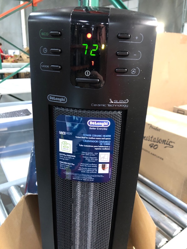 Photo 3 of * DAMAGED * 
De'Longhi Ceramic Tower Heater, Quiet 1500W, Digital Adjustable Thermostat, 3 Heat Settings, Timer, Remote Control, ECO Energy Saving Mode, Safety Features, 24", Dark Gray, TCH7915ER