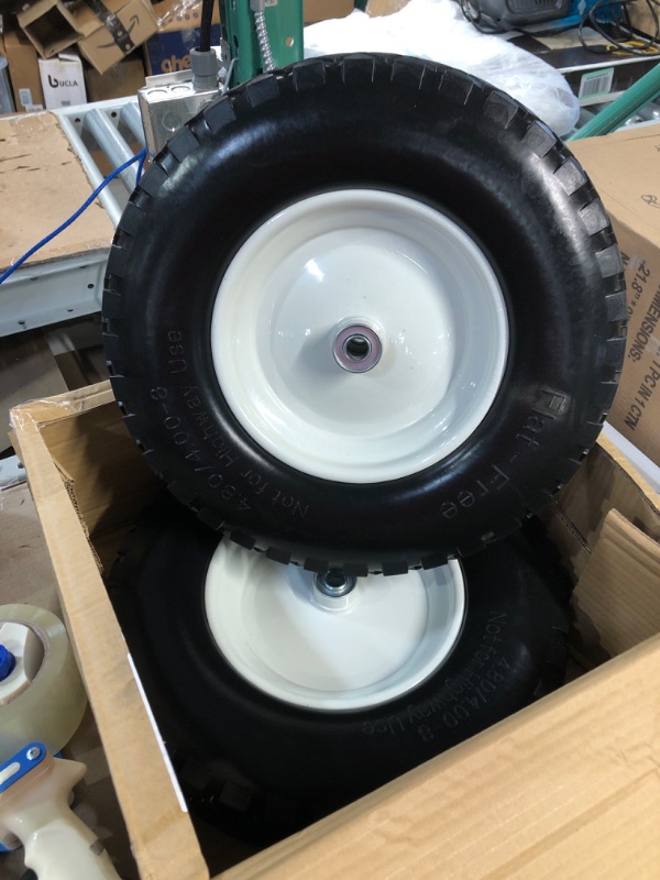 Photo 2 of HIKYROKY 16" Flat Free Pneumatic 4.80/4.00-8" Solid Tire with 5/8" Ball Bearing, 2 Pcs White 2 Pcs 4.80/4.00-8 & 5/8" bearing - For Cart