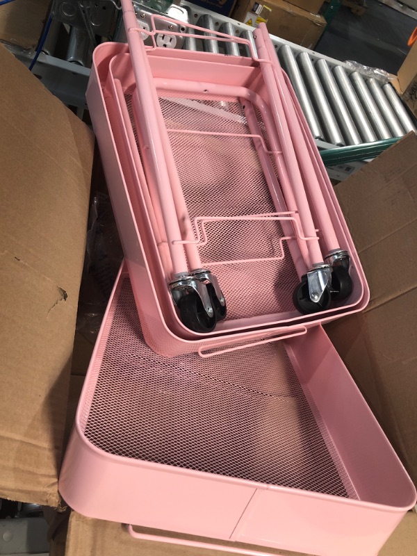 Photo 2 of TOOLF 3-Tier Rolling Cart, Metal Utility Cart with Lockable Wheels, Storage Craft Art Cart Trolley (Pink)