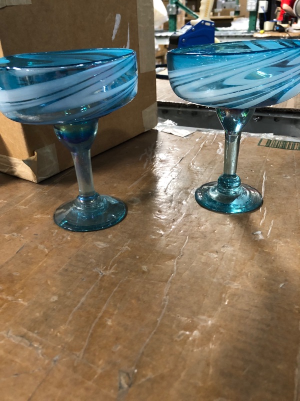 Photo 2 of (READ NOTES) Dos Sueños Mexican Hand Blown Glass – Set of 2 Hand Blown Margarita Glasses Aqua Swirl (16 oz)