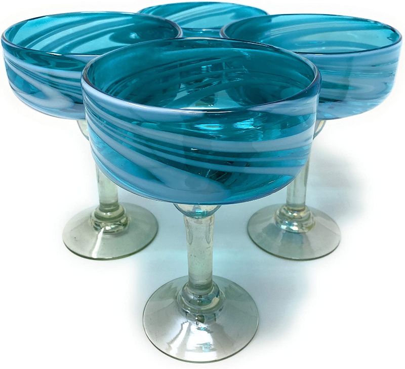 Photo 1 of (READ NOTES) Dos Sueños Mexican Hand Blown Glass – Set of 2 Hand Blown Margarita Glasses Aqua Swirl (16 oz)