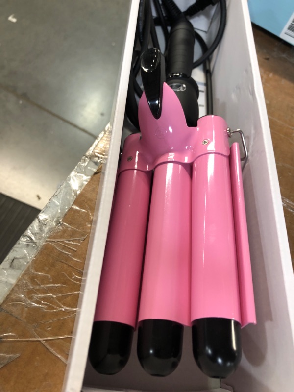 Photo 2 of 3 Barrel Curling Iron Wand Dual Voltage Hair Crimper with LCD Temp Display (Pink)