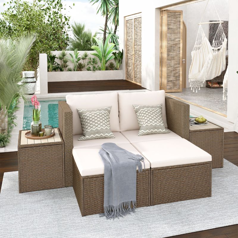 Photo 1 of (SEE NOTES) Outdoor 6-Piece Wicker Rattan Sectional Sofa Set with 2 Tea Tables; Brown/Beige Cushion
