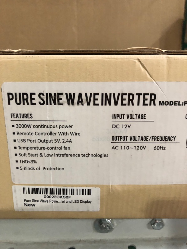 Photo 2 of Pure Sine Wave Power Inverter 3000Watt DC 12V to AC120V with Dual AC Outlets with Remote Control and LED Display 3000w / 12v