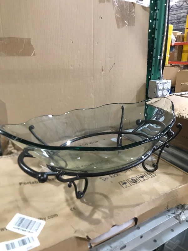 Photo 2 of **DAMAGED** Deco 79 Tempered Glass Kitchen Serving Bowl with Brown Metal Scroll Base, 23" x 14" x 9", Clear 23" x 14" x 9" Clear