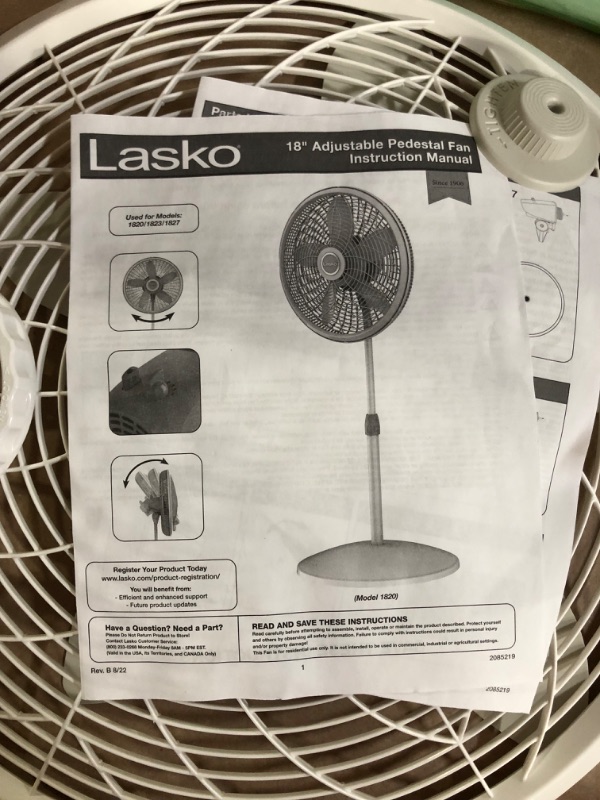 Photo 3 of **PARTS ONLY, NON-FUNCTIONAL** Lasko, White 1820 18? Elegance & Performance Adjustable Pedestal Features Oscillating Movement Tilt-back Fan Head, 2.3