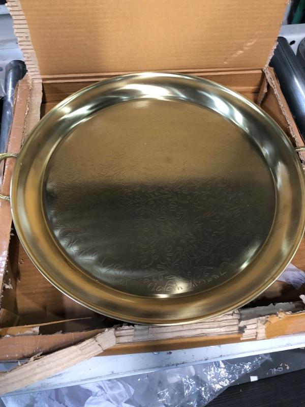 Photo 2 of 18 in. Dia "Cairo" Champagne Tone Etched Steel Tray