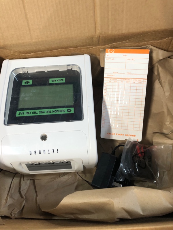 Photo 2 of iETURBO Calculating Time Clock Small Business Employee Attendance and Absence Includes Aligning Time Clock, 100 time Cards, 2 Security Keys, one One Ink Ribbon Cartridge & an Instruction Manual