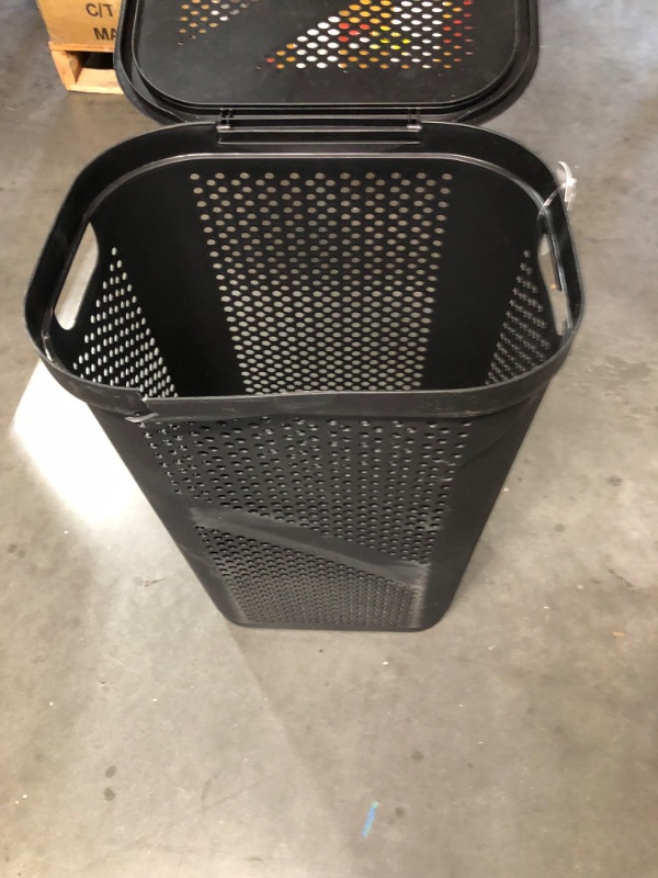 Photo 2 of [See Notes] Basket Slim Laundry Hamper, 60 l, Cut Out Handles, Attached Hinged Lid, Ventilated, Black