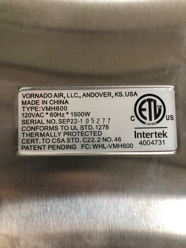Photo 6 of [Like New] Vornado VMH600 Whole Room Stainless Steel Heater with Auto Climate Control and Remote
