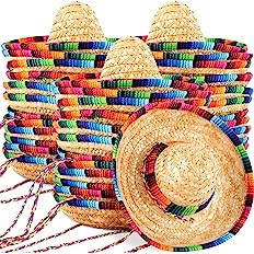 Photo 1 of 25 Pack Mini Sombrero Mexican Hat Cinco De Mayo Straw Hat Party Decorations with Cord for Kid Pet Fiesta Costume