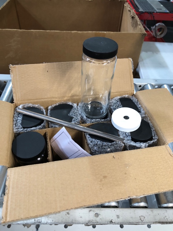 Photo 2 of [ 8 Pack ] Glass Juicing Bottles with 2 Straws & 2 Lids w Hole- 16 OZ Travel Drinking Jars, Water Cups with Black Airtight Lids, Reusable Tall Mason Jar for Juice, Boba, Smoothie, Tea, Kombucha Style-2-Black Lids