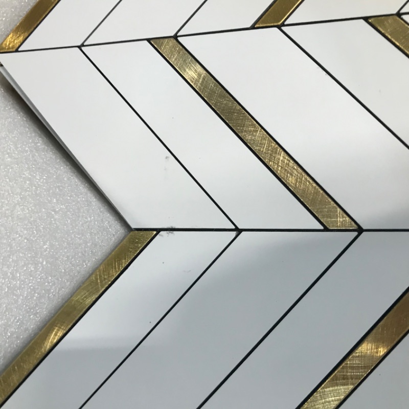 Photo 6 of **USED/SEE NOTES**Art3d 10-Sheet Herringbone Peel and Stick Backsplash, Self Adhesive Marble Tiles Stick on Wall Tiles for Kitchen, Bathroom.(White Mixed Gold Metal) 12.40" x12.20" White Mixed Gold Metal 10