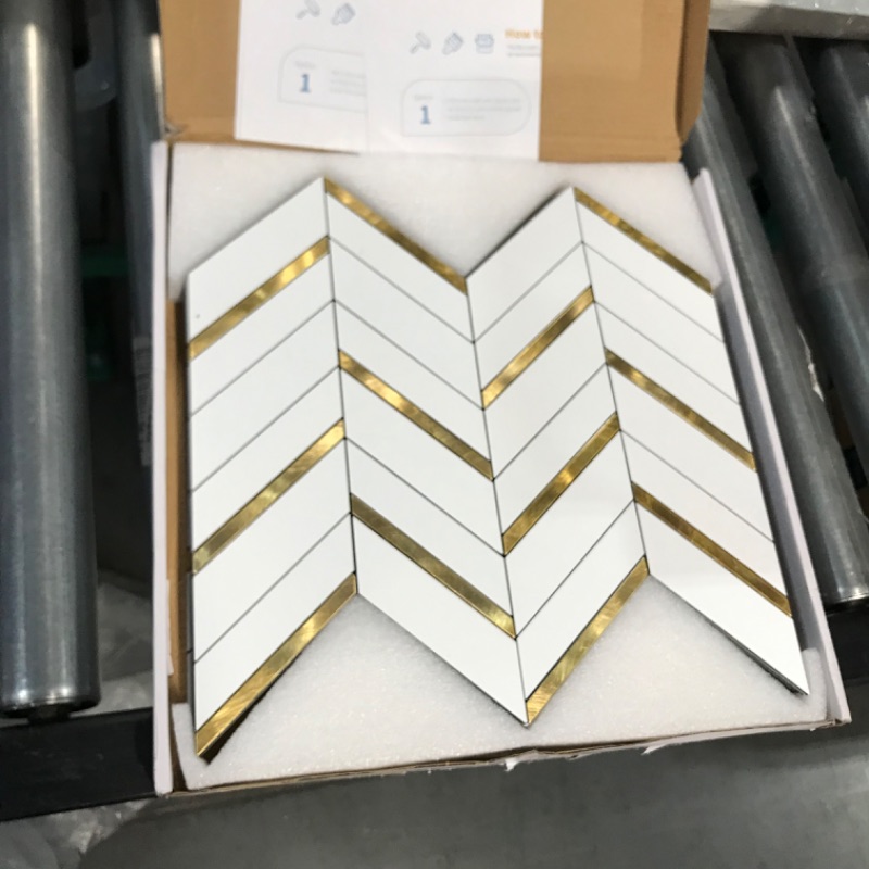 Photo 2 of **USED/SEE NOTES**Art3d 10-Sheet Herringbone Peel and Stick Backsplash, Self Adhesive Marble Tiles Stick on Wall Tiles for Kitchen, Bathroom.(White Mixed Gold Metal) 12.40" x12.20" White Mixed Gold Metal 10