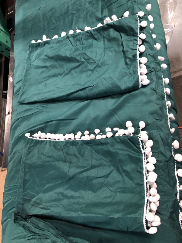 Photo 3 of *Used/Dirty* Bedbay Dark Green Duvet Cover Set with White Pom Poms, Twin 