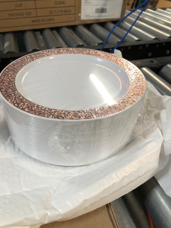 Photo 4 of *1 Plate Cracked* FOCUSLINE 102 pcs Rose Gold Plastic Plates, Lace Design, 51 10.25 Inch Dinner Plates and 51 7.5 Inch Dessert Plates