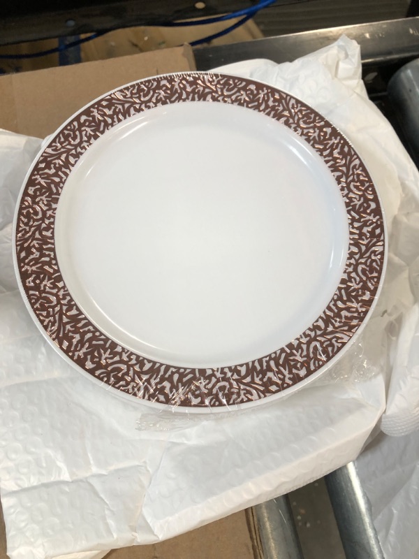 Photo 6 of *1 Plate Cracked* FOCUSLINE 102 pcs Rose Gold Plastic Plates, Lace Design, 51 10.25 Inch Dinner Plates and 51 7.5 Inch Dessert Plates