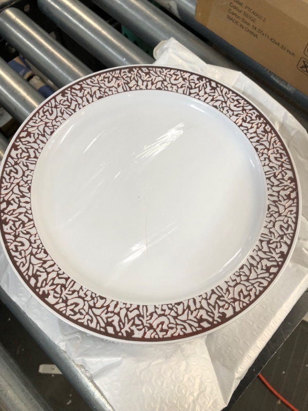 Photo 3 of *1 Plate Cracked* FOCUSLINE 102 pcs Rose Gold Plastic Plates, Lace Design, 51 10.25 Inch Dinner Plates and 51 7.5 Inch Dessert Plates