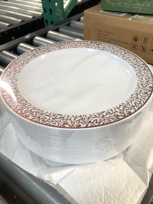 Photo 5 of *1 Plate Cracked* FOCUSLINE 102 pcs Rose Gold Plastic Plates, Lace Design, 51 10.25 Inch Dinner Plates and 51 7.5 Inch Dessert Plates