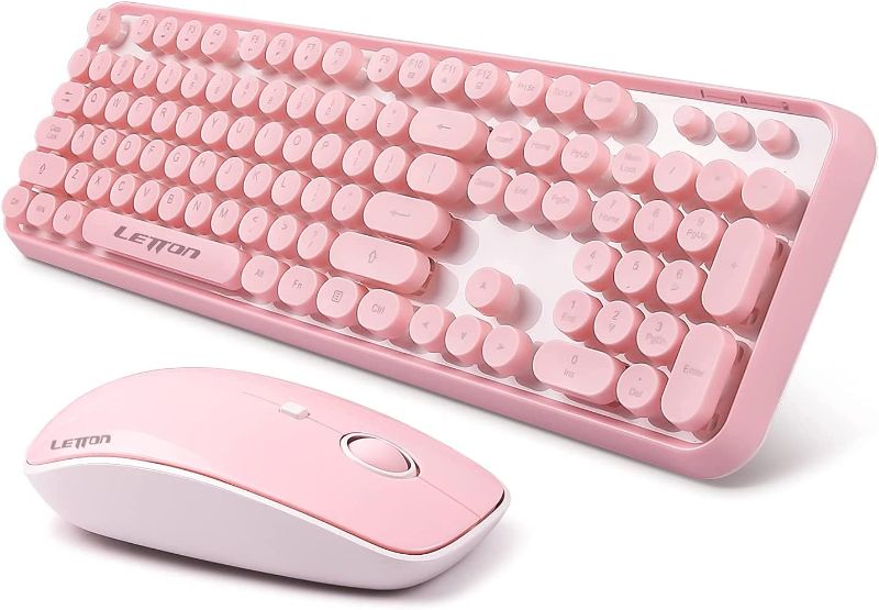 Photo 1 of Pink Wireless Keyboard Mouse Combo, 2.4GHz Wireless Retro Typewriter Keyboard and Mouse Combo