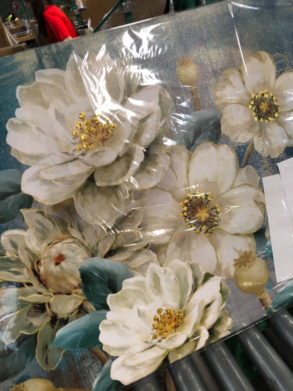 Photo 2 of Arjun Flowers Canvas Wall Art White Elegant Modern Picture Gold Foil, Turquoise Floral Large Teal  48"x24" 48"x24"