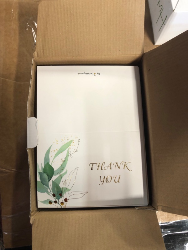 Photo 2 of 100 PK Sage Green Thank You Cards with Envelopes Bulk - 5 x 3.5 Inches Gold Greenery