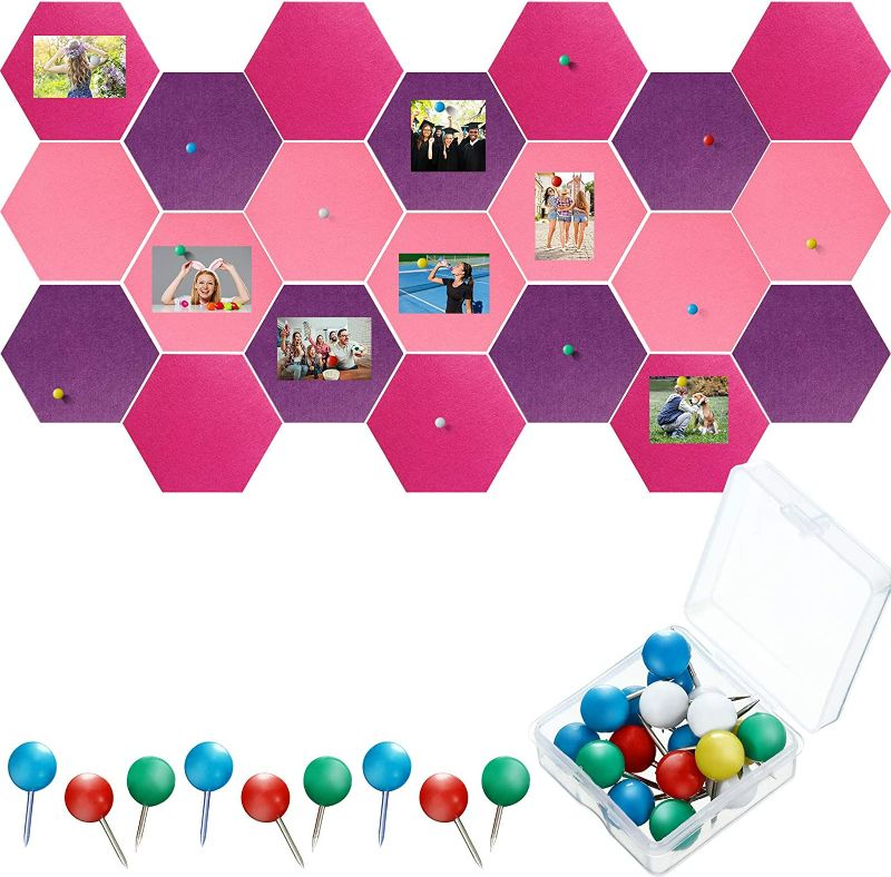 Photo 1 of 21 Pieces Pin Board Hexagon Felt Board Tiles Bulletin Board Memo Board Notice Board with 40 Pieces Push Pins for Home Office Classroom Wall Decor 5.9 x 7 Inches/ 15 x 17.7 cm (Rose Red, Purple, Pink)