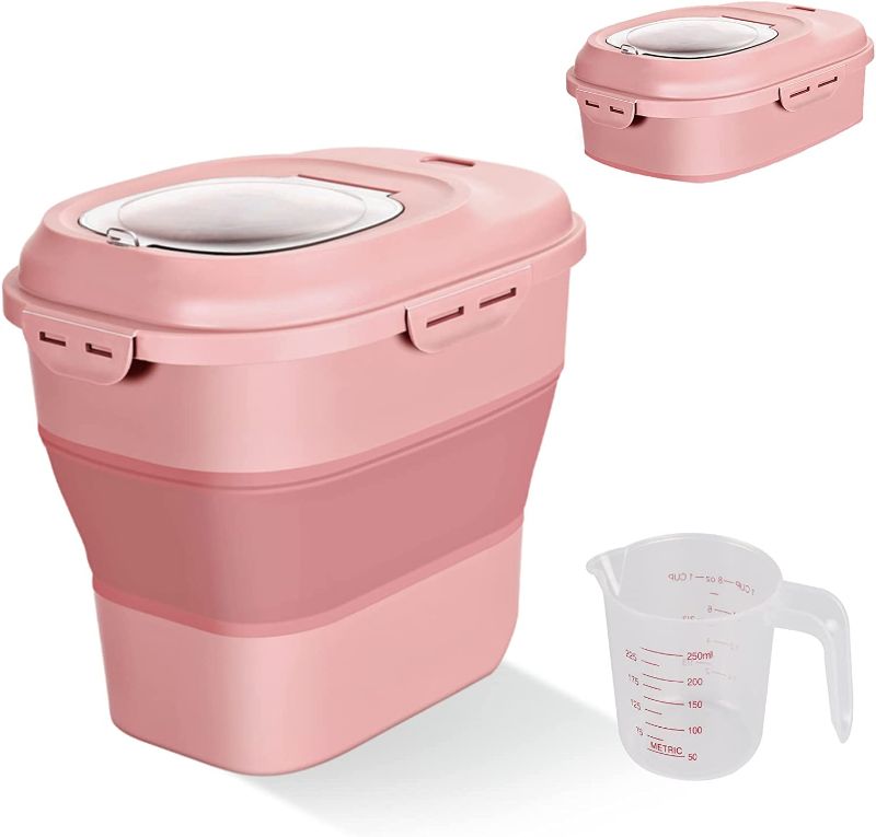 Photo 1 of (READ NOTES) Cereal Rice Food Storage Container (PINK), Collapsible 20 to 50 Lbs Dispenser Bin with Rolling Wheels