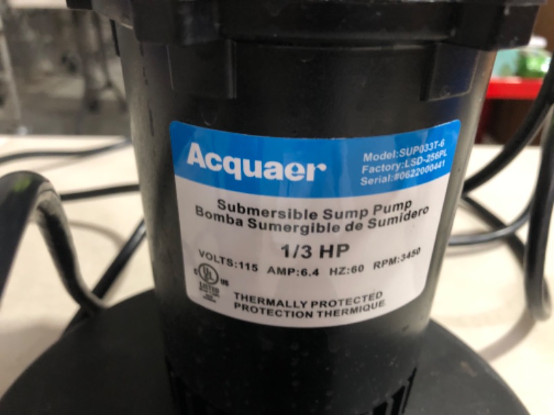 Photo 4 of (USED - READ NOTES) Acquaer 1/3HP Sump Pump, 3040GPH Submersible Clean/Dirty Water Pump with Automatic Float Switch and 10ft Power Cord Sub Pump 