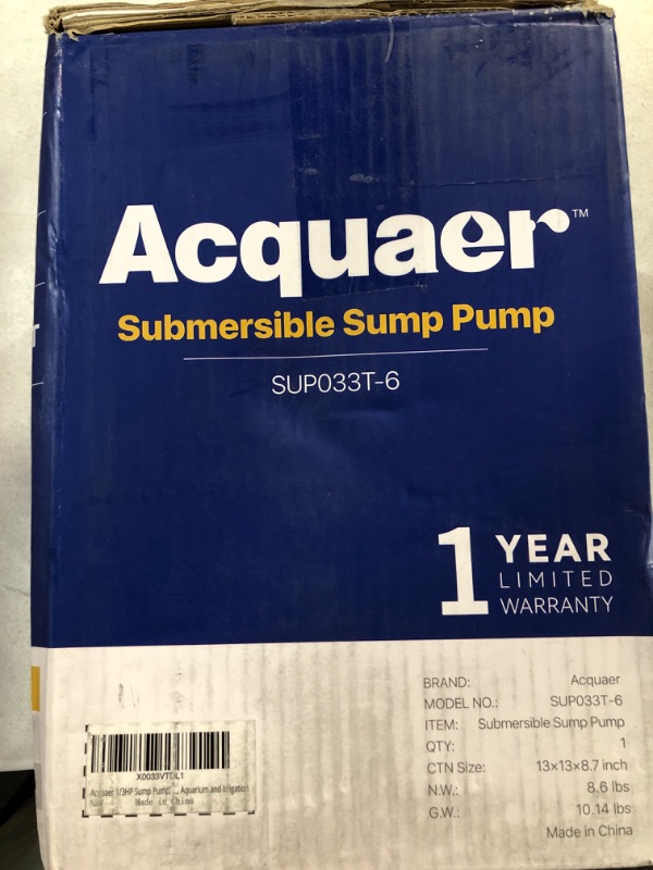 Photo 2 of (USED - READ NOTES) Acquaer 1/3HP Sump Pump, 3040GPH Submersible Clean/Dirty Water Pump with Automatic Float Switch and 10ft Power Cord Sub Pump 