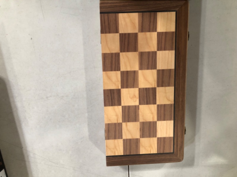 Photo 2 of A&A 15 inch Wooden Folding Chess & Checkers Set w/ 3 inch King Height Staunton Chess Pieces - Walnut Box w/ Walnut & Maple Inlay Non-magnetic / with Checkers Walnut Box W/ Walnut & Maple Inlay