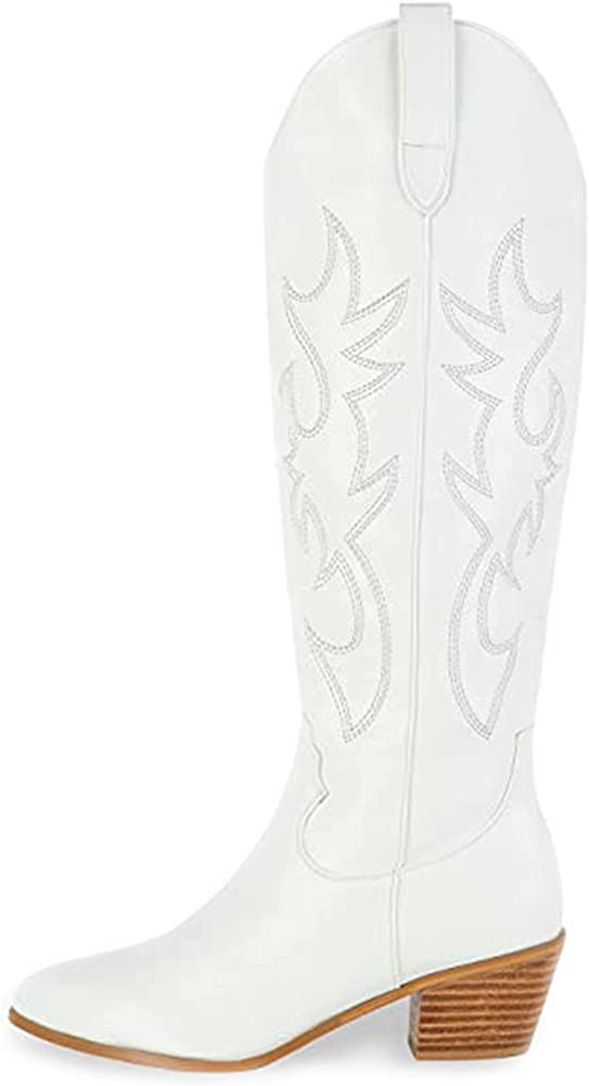 Photo 1 of Daraume Cowboy Boots for Women Embroidered Cowgirl Boots Chunky Mid Heel 70s Knee High Western Boots