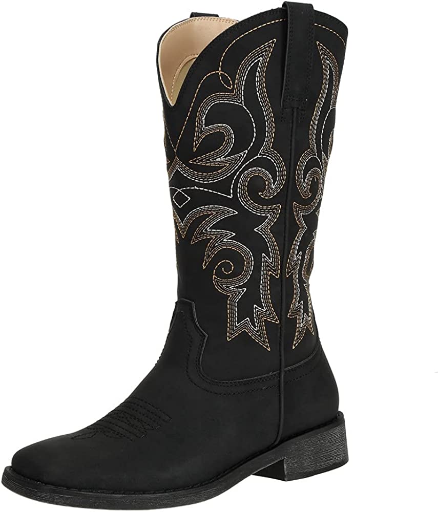 Photo 1 of SheSole Women's Fashion Western Cowgirl Cowboy Boots Wide Square Toe Mid Calf