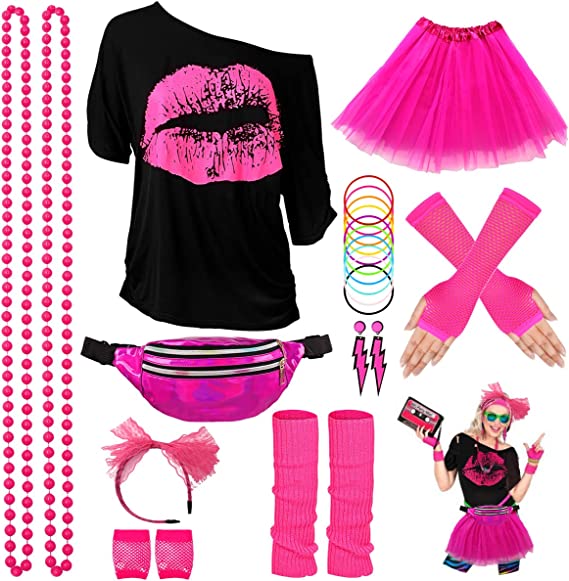 Photo 1 of WILDPARTY 80s Costume Accessories for Women, T-Shirt Tutu Fanny Pack Headband Earring Necklace Fishnet Gloves Legwarm