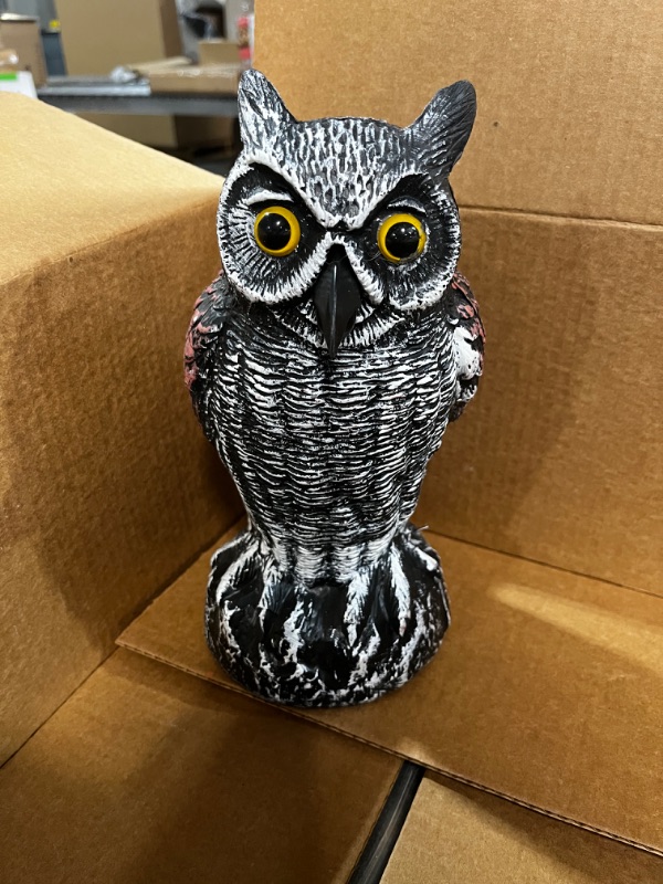 Photo 2 of  Fake Horned Owl Decoy, Halloween Decoration Plastic Owl for Outdoor Garden Yard, White & Black