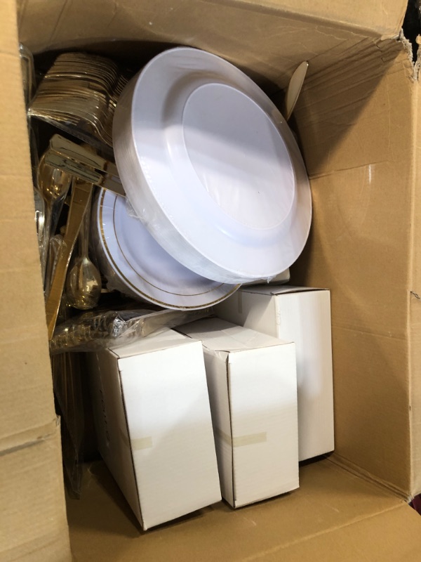 Photo 1 of ***SEE NOTES*** Gold Dinnerware Set-200 plates ,cups ,utensils, napkins