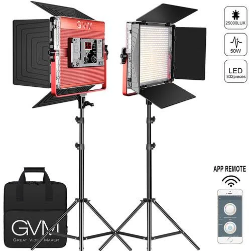 Photo 1 of ***USED/SEE NOTES*** GVM Led Video Light with APP Control, Dimmable Bi-Color 50W Video Lighting Kit Photography Lighting with 832pcs Led Beads, 25000lux/0.5m, 2 Packs Professional Led Light Panel with Tripod, 3200K-5600K