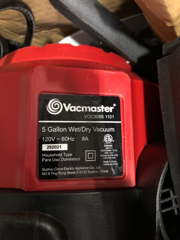 Photo 1 of Vacmaster Stainless Steel Wet Dry Shop Vacuum 5 Gal 4 Peak HP 1-1/4 Inch Hose Red VOC508S 1101

