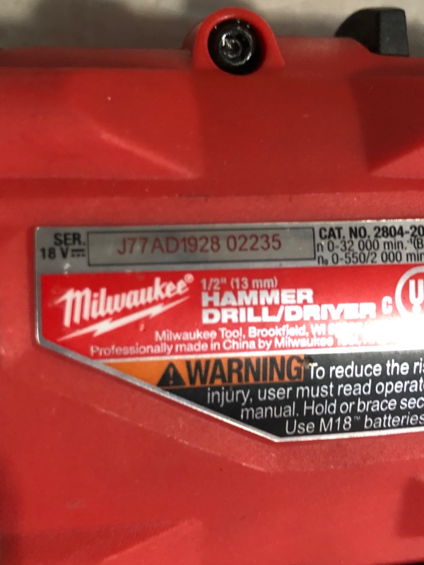 Photo 2 of ***NO BATTERY - NO ACCESSORIES - TOOL ONLY***
Milwaukee 2904-20 12V 1/2" Hammer Drill/Driver